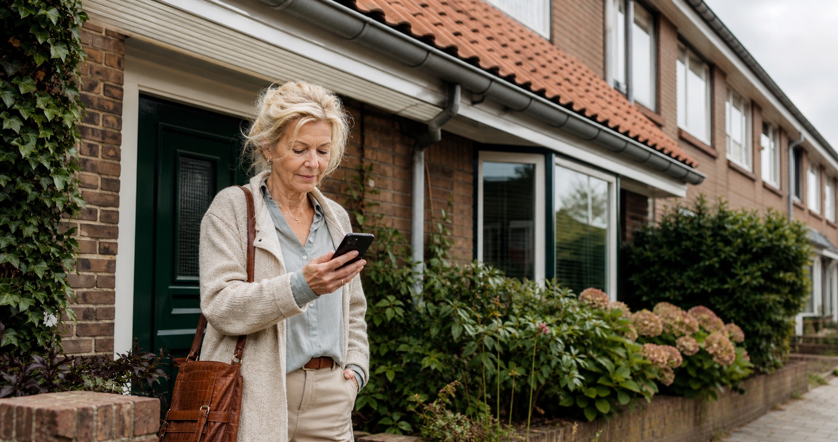 Een vrouw gebruikt haar smartphone voor een goed onderhouden rijtjeshuis