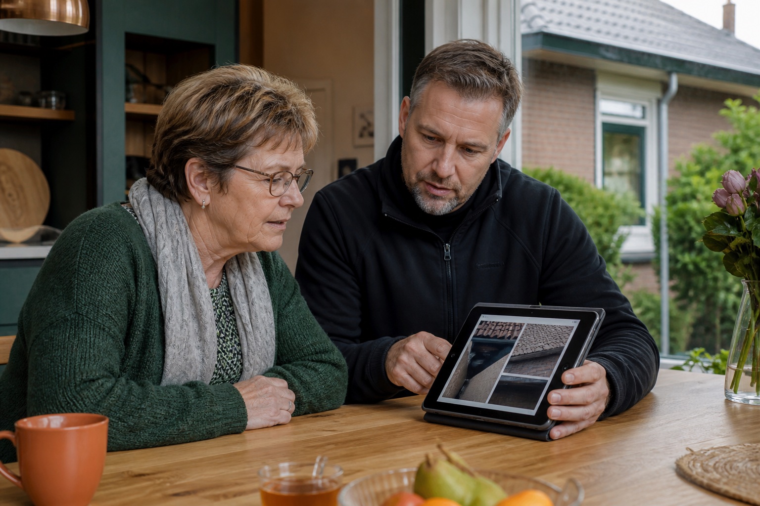 Een bewoner en inspecteur bekijken foto's van een dak op een tablet